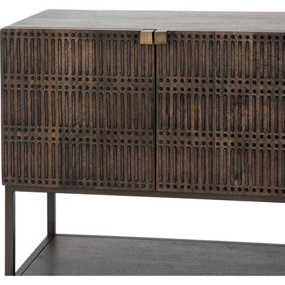 Kelby Small Media Cabinet by Four Hands in gunmetal, light wash mango, aged brass, light wash carved mango. Made from solid mango, iron in a modern style.