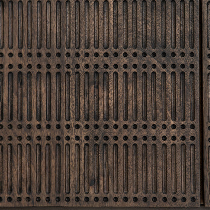 Kelby Small Media Cabinet by Four Hands in gunmetal, light wash mango, aged brass, light wash carved mango. Made from solid mango, iron in a modern style.