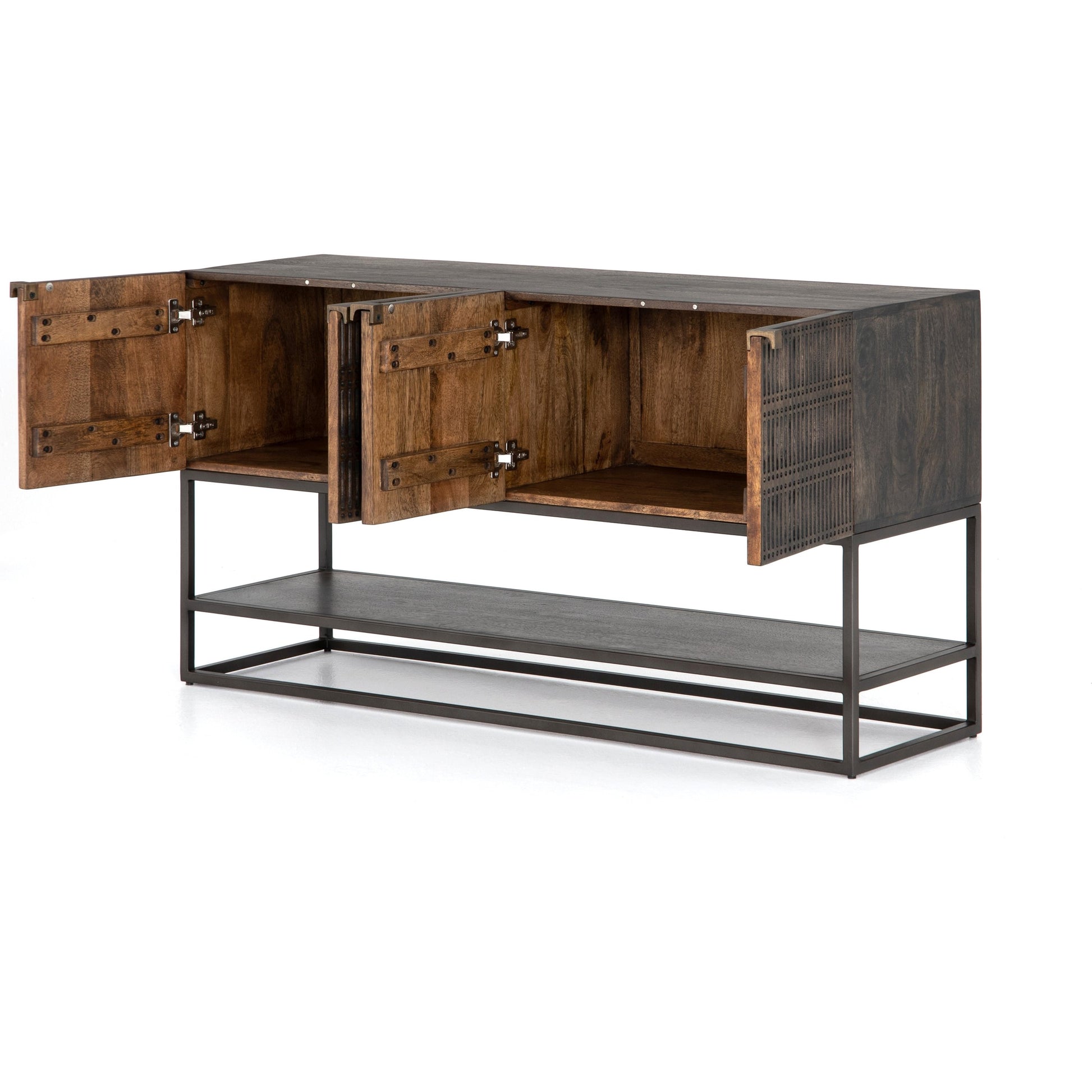 Kelby Small Media Cabinet by Four Hands in gunmetal, light wash mango, aged brass, light wash carved mango. Made from solid mango, iron in a modern style.