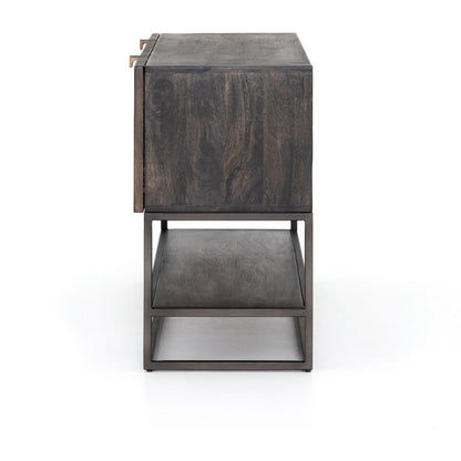 Kelby Small Media Cabinet by Four Hands in gunmetal, light wash mango, aged brass, light wash carved mango. Made from solid mango, iron in a modern style.