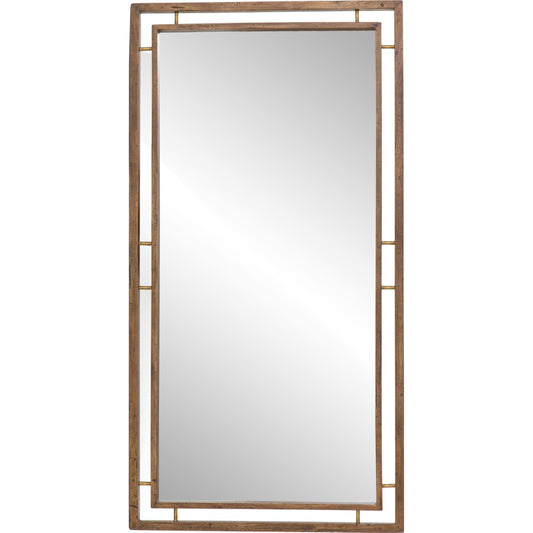 Belmundo Floor Mirror by Four Hands in antique brass, weathered acacia. Made from solid acacia, brass, mirror in a transitional style.