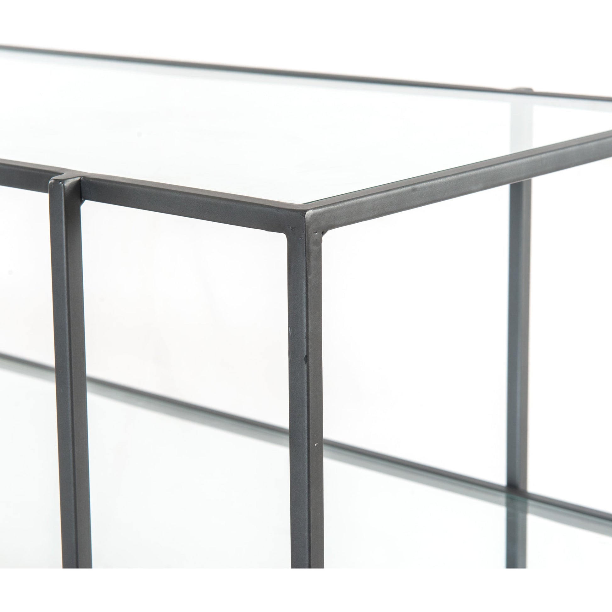 Byron Media Console by Four Hands in aged brown, dark iron, tempered glass. Made from iron, tempered glass, solid mango in a modern style.