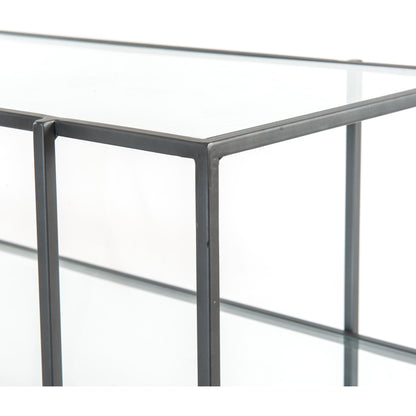 Byron Media Console by Four Hands in aged brown, dark iron, tempered glass. Made from iron, tempered glass, solid mango in a modern style.