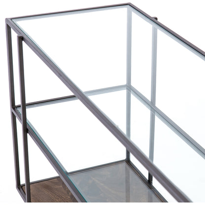 Byron Media Console by Four Hands in aged brown, dark iron, tempered glass. Made from iron, tempered glass, solid mango in a modern style.