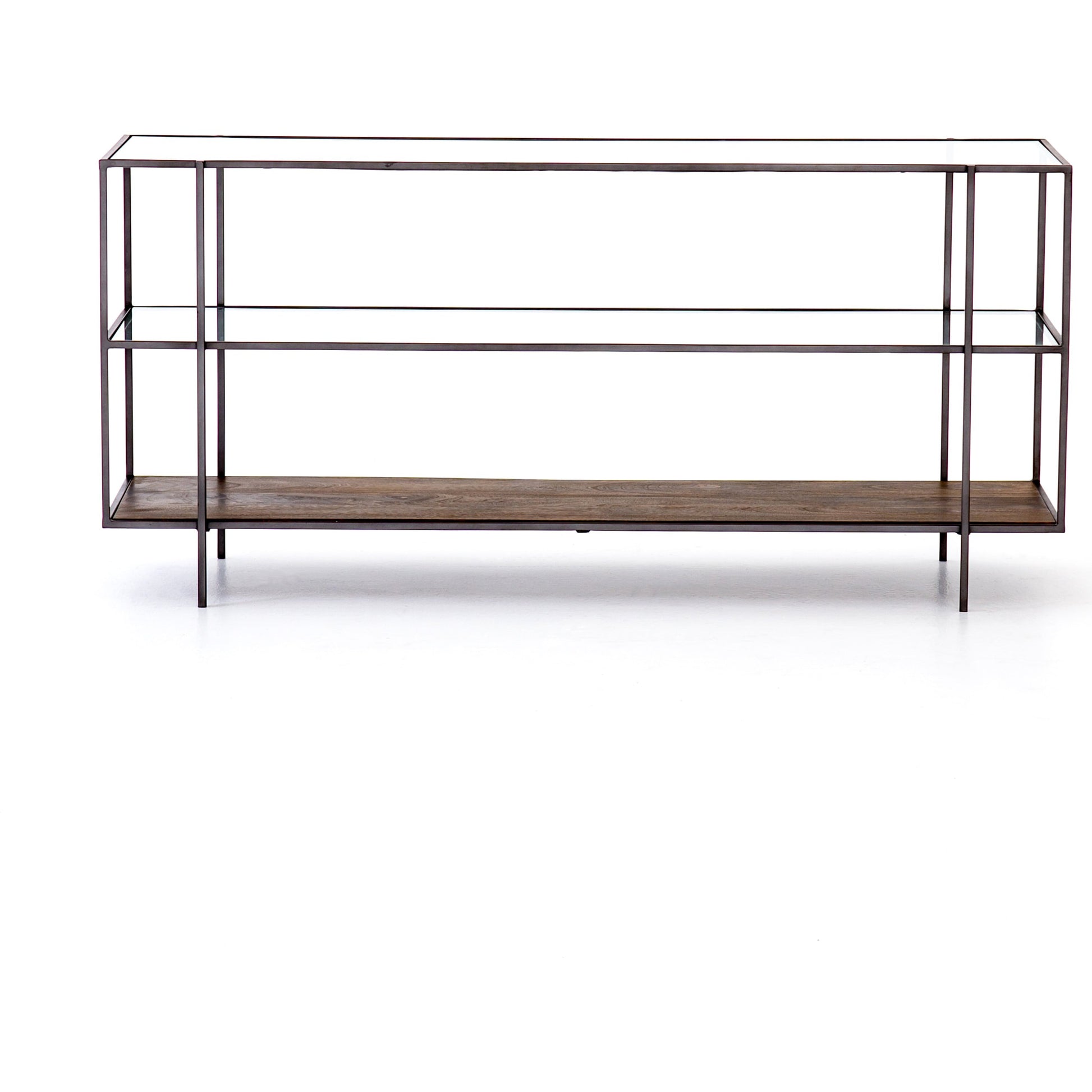 Byron Media Console by Four Hands in aged brown, dark iron, tempered glass. Made from iron, tempered glass, solid mango in a modern style.