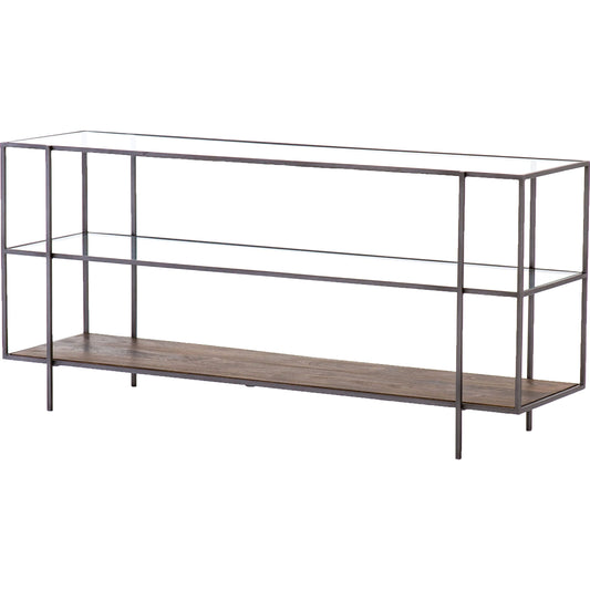 Byron Media Console by Four Hands in aged brown, dark iron, tempered glass. Made from iron, tempered glass, solid mango in a modern style.