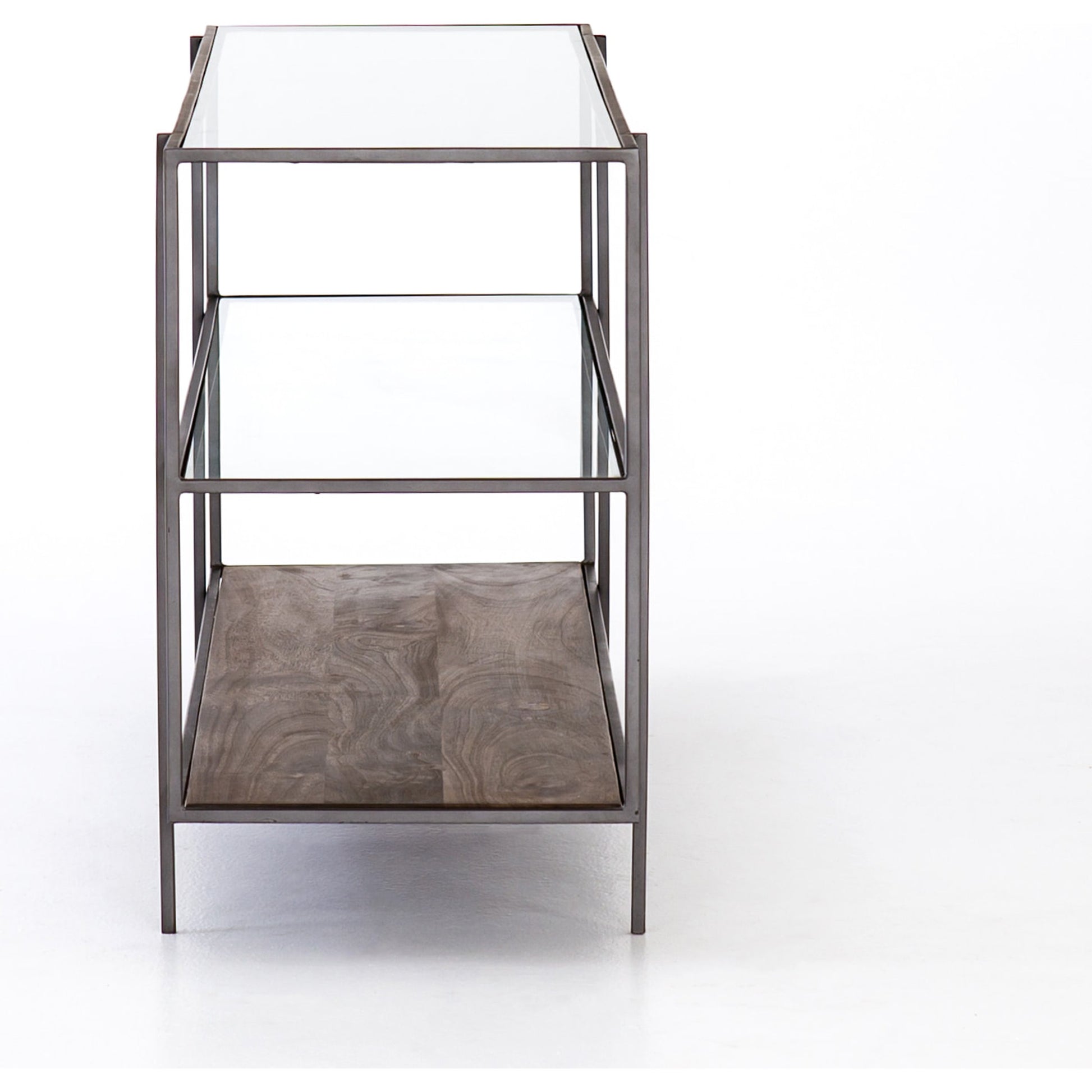 Byron Media Console by Four Hands in aged brown, dark iron, tempered glass. Made from iron, tempered glass, solid mango in a modern style.