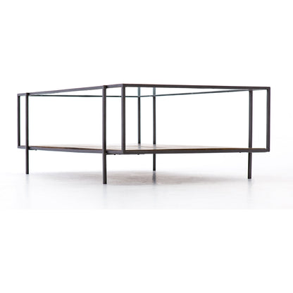 Byron Coffee Table by Four Hands in gunmetal, aged brown, tempered glass and dark iron, aged brown, tempered glass. Made from iron, solid mango, tempered glass in a modern style.