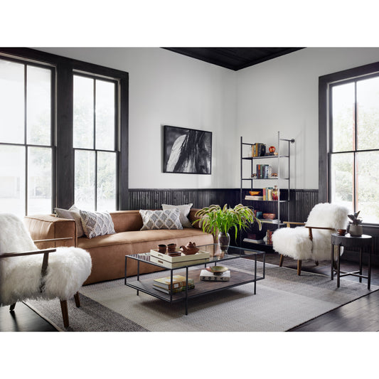 Byron Coffee Table by Four Hands in gunmetal, aged brown, tempered glass and dark iron, aged brown, tempered glass. Made from iron, solid mango, tempered glass in a modern style.