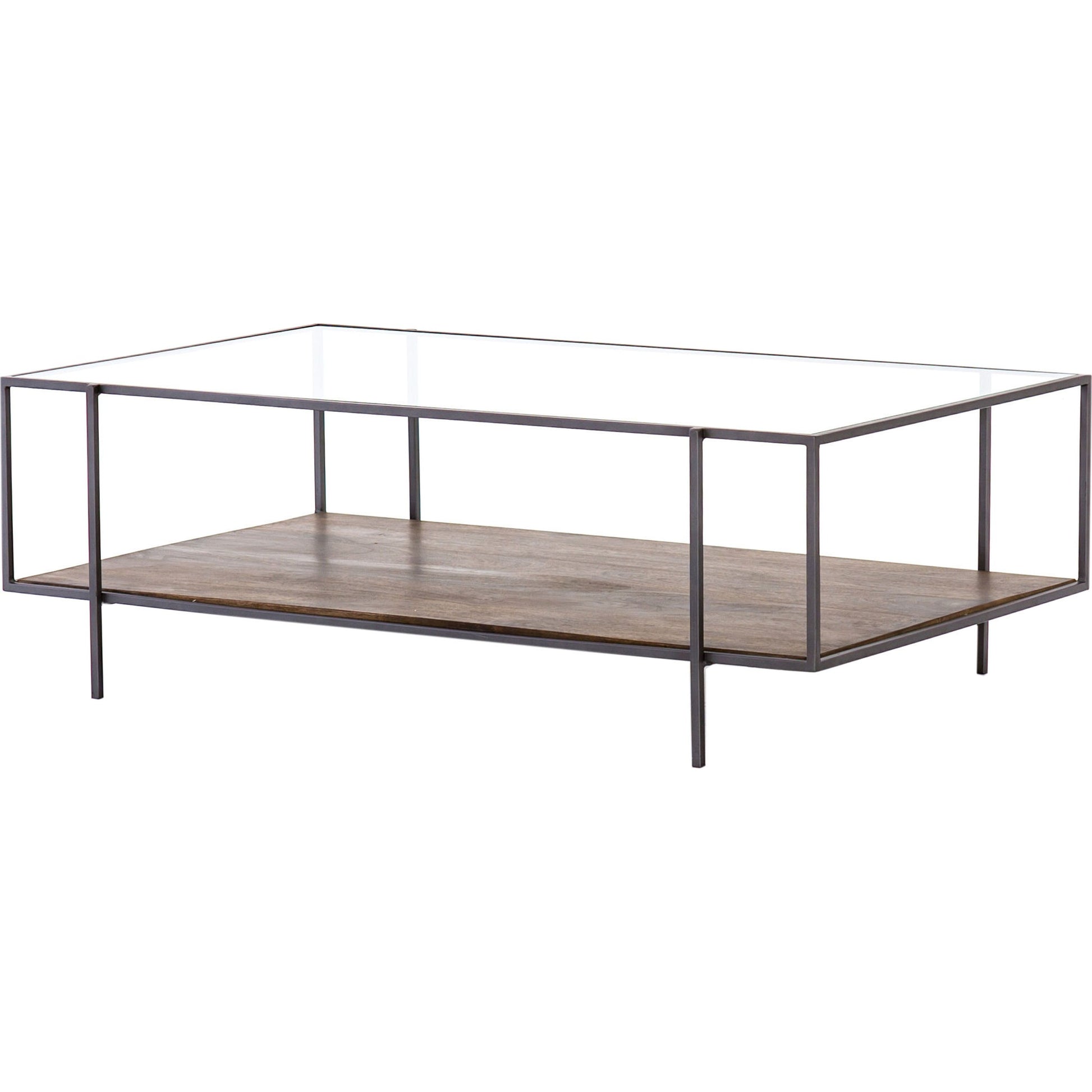 Byron Coffee Table by Four Hands in gunmetal, aged brown, tempered glass and dark iron, aged brown, tempered glass. Made from iron, solid mango, tempered glass in a modern style.