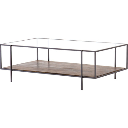 Byron Coffee Table by Four Hands in gunmetal, aged brown, tempered glass and dark iron, aged brown, tempered glass. Made from iron, solid mango, tempered glass in a modern style.