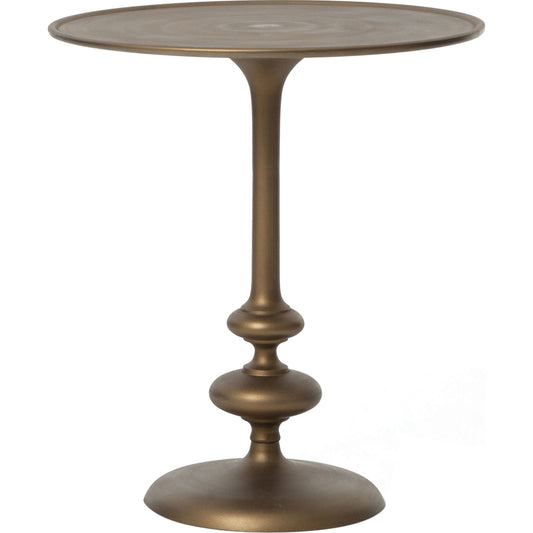 Marlow Matchstick Pedestal Table by Four Hands in matte brass. Made from aluminum in a modern style.