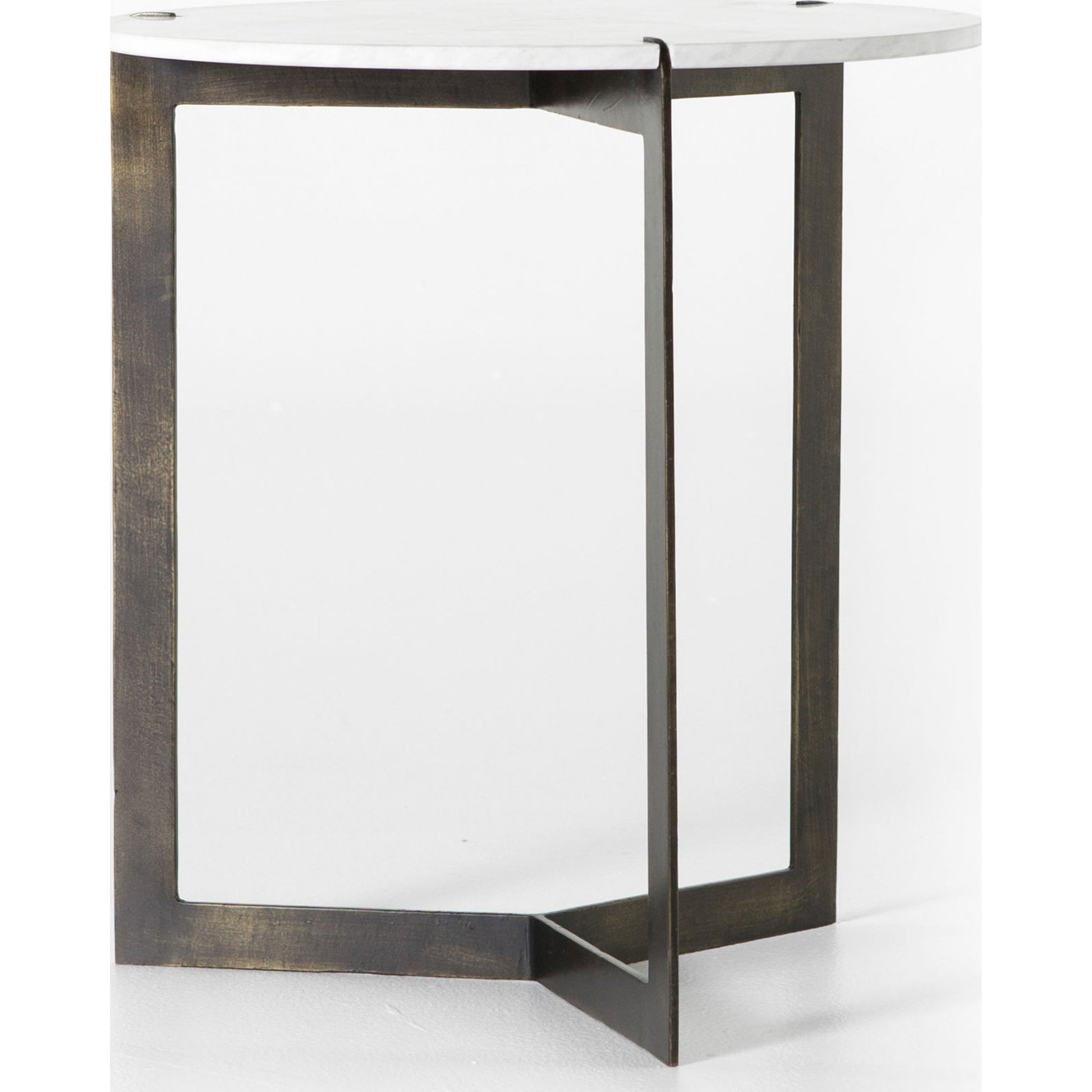 Kiva End Table by Four Hands in hammered brass, polished white marble. Made from solid marble, iron in a modern style.