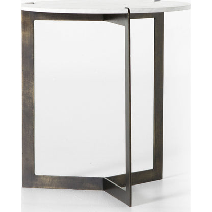 Kiva End Table by Four Hands in hammered brass, polished white marble. Made from solid marble, iron in a modern style.