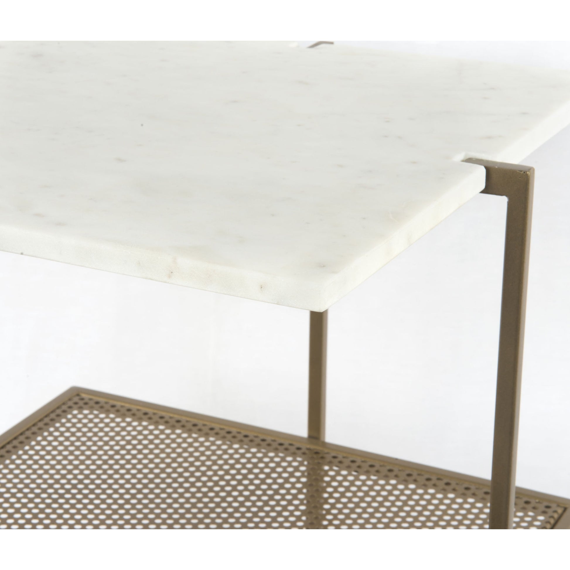 Olivia Nightstand by Four Hands in antique brass, polished white marble. Made from iron, solid marble in a modern style.