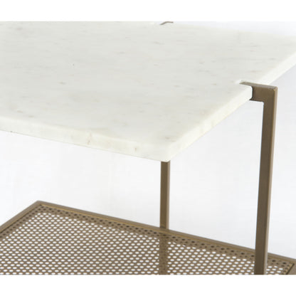 Olivia Nightstand by Four Hands in antique brass, polished white marble. Made from iron, solid marble in a modern style.