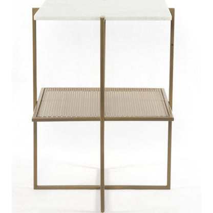 Olivia Nightstand by Four Hands in antique brass, polished white marble. Made from iron, solid marble in a modern style.