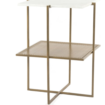 Olivia Nightstand by Four Hands in antique brass, polished white marble. Made from iron, solid marble in a modern style.