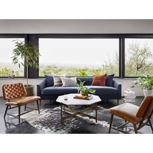 Adair Coffee Table by Four Hands in raw brass. Made from solid marble, aluminum, engineered hardwood in a modern style.