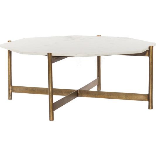 Adair Coffee Table by Four Hands in raw brass. Made from solid marble, aluminum, engineered hardwood in a modern style.