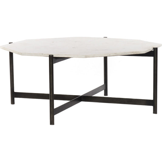 Adair Coffee Table by Four Hands in raw brass. Made from solid marble, aluminum, engineered hardwood in a modern style.
