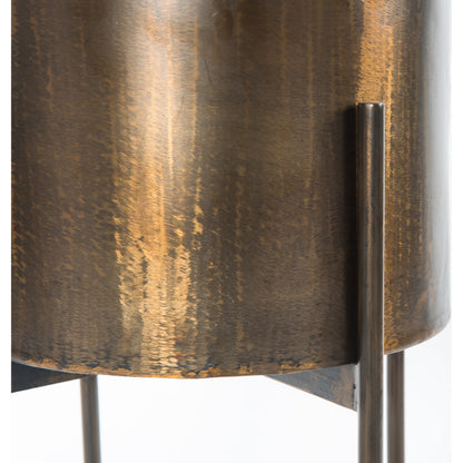 Jed Round Planter by Four Hands in weathered brass. Made from iron in a modern style.