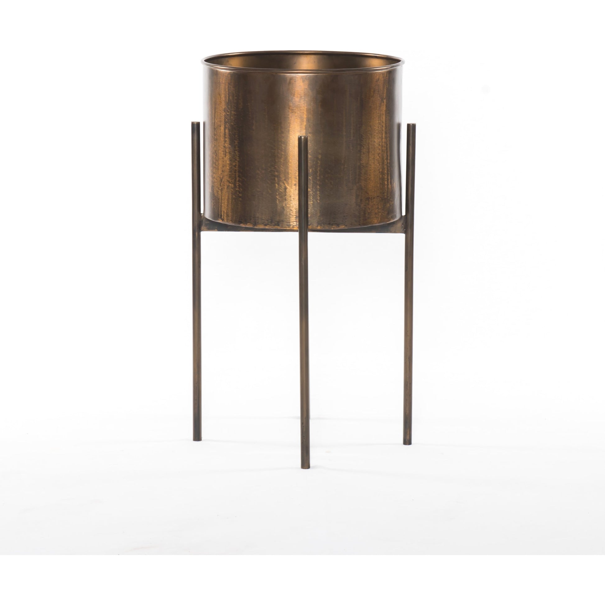 Jed Round Planter by Four Hands in weathered brass. Made from iron in a modern style.