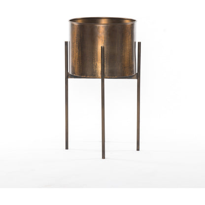Jed Round Planter by Four Hands in weathered brass. Made from iron in a modern style.
