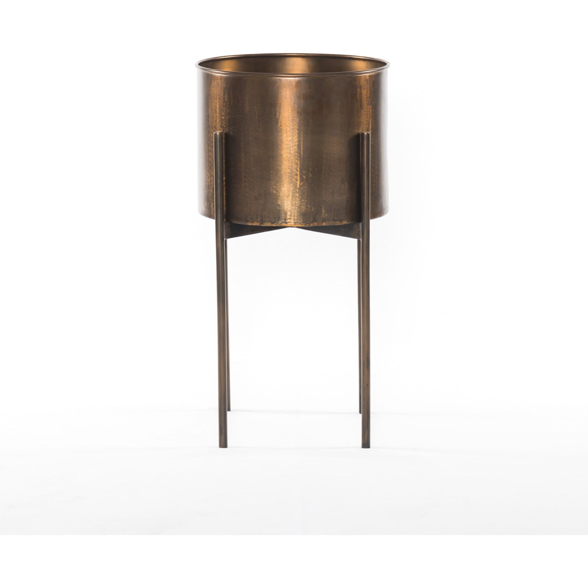 Jed Round Planter by Four Hands in weathered brass. Made from iron in a modern style.