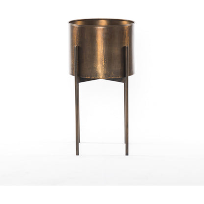 Jed Round Planter by Four Hands in weathered brass. Made from iron in a modern style.
