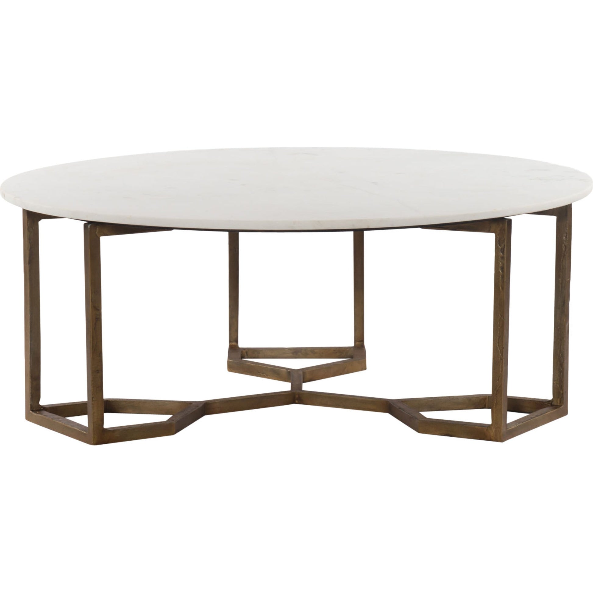 Naomi Coffee Table by Four Hands in raw brass, polished white marble. Made from solid marble, aluminum, engineered hardwood in a modern style.