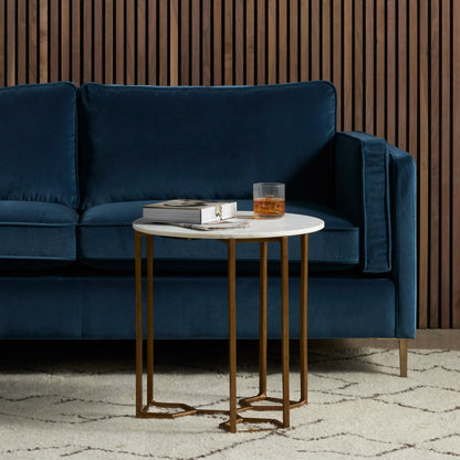 Naomi Marble End Table by Four Hands in raw brass, polished white marble. Made from solid marble, aluminum, engineered hardwood in a modern style.