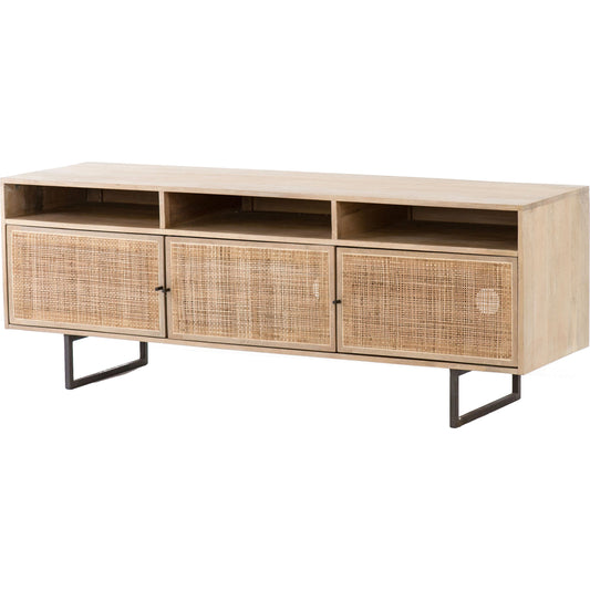 Carmel Media Console by Four Hands. Made from solid mango, cane, iron in a modern style.