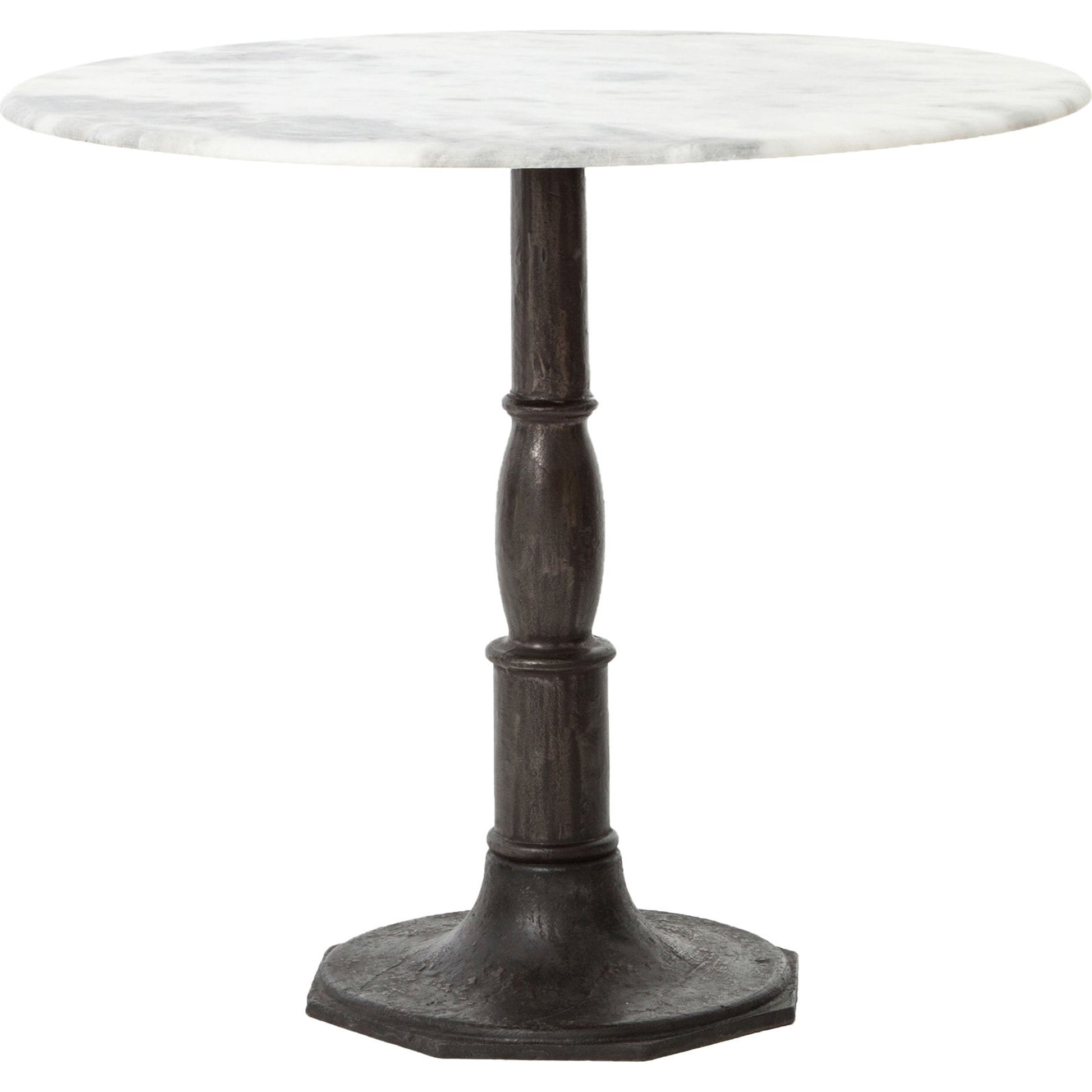 Lucy Bistro Table by Four Hands in carbon wash, white marble. Made from solid marble, iron, engineered hardwood in a traditional style.