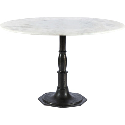Lucy Round Dining Table by Four Hands in carbon wash, white marble and carbon wash. Made from solid marble, iron, engineered hardwood in a traditional style.