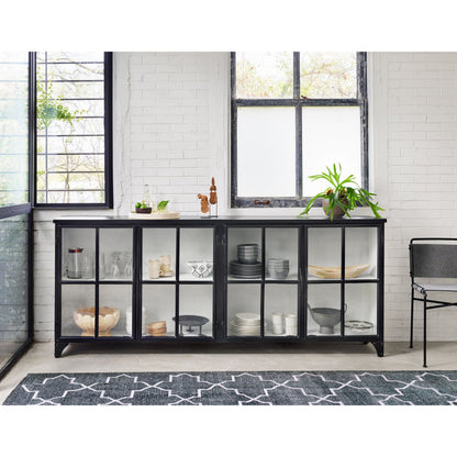 Camila Sideboard by Four Hands in painted white, black and tempered glass, painted white, black. Made from iron in a eclectic & global style.