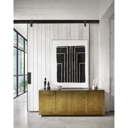 Freda Sideboard by Four Hands in gray natural, brushed brass clad. Made from brass, thick mango veneer in a modern style.