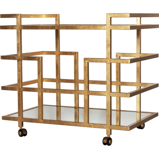Ireland Linear Bar Cart by Worlds Away in gold leaf and gold leaf. Made from metal, glass in a modern style.