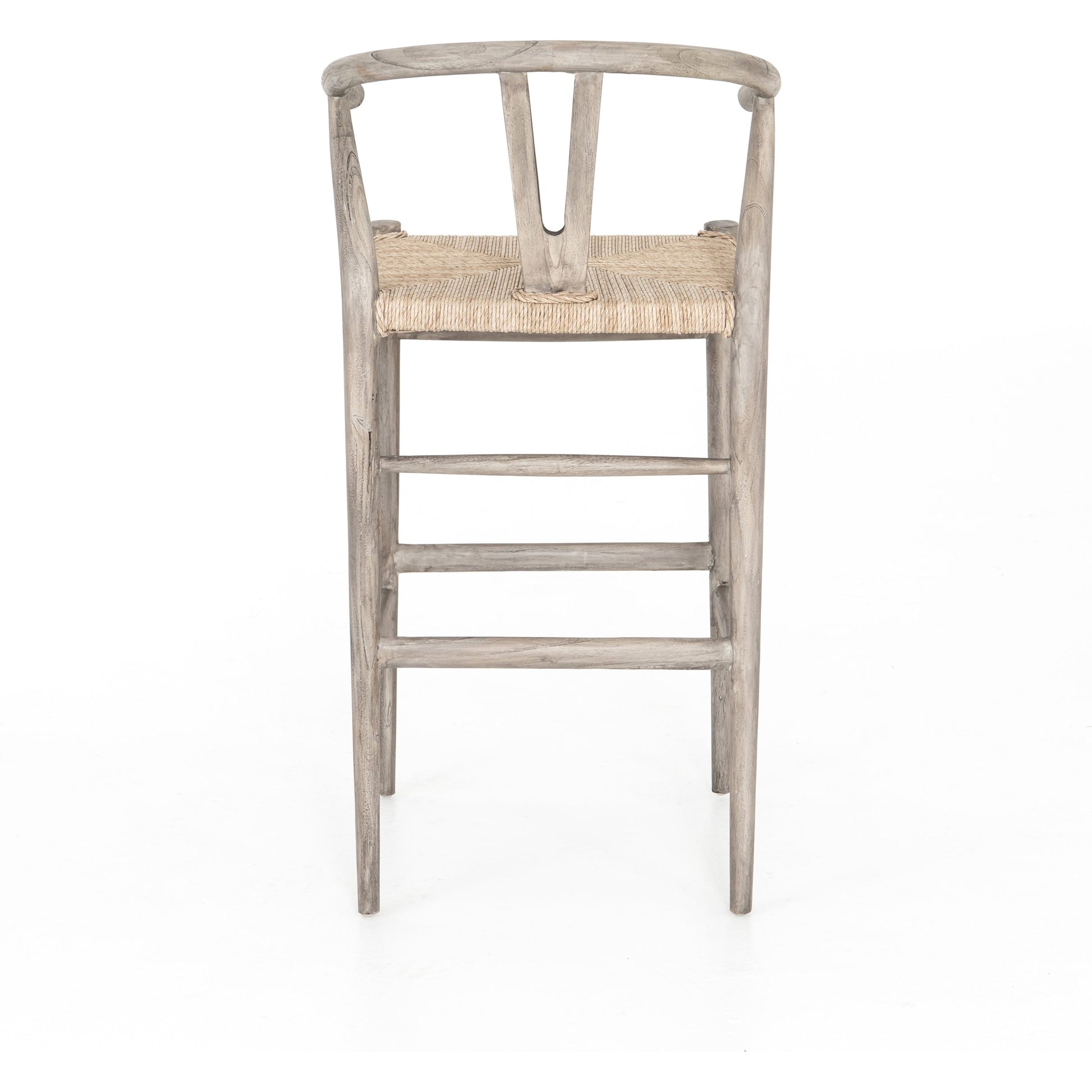 Muestra Bar Stool by Four Hands in vintage white, natural teak. Made from solid teak, 100% polyethylene in a coastal style.