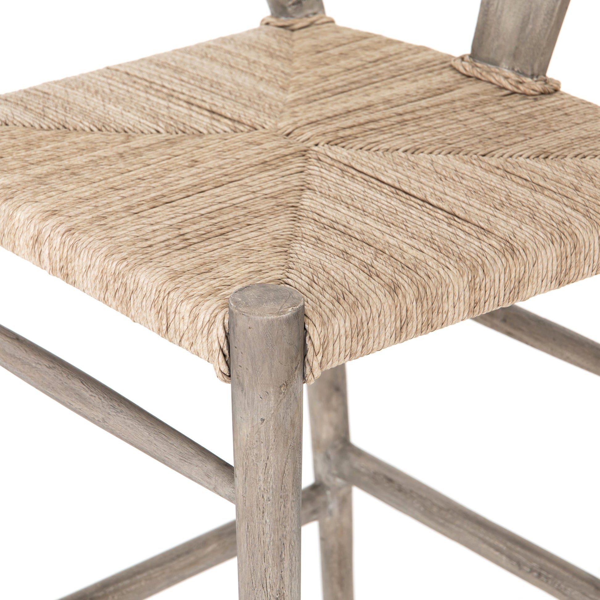 Muestra Bar Stool by Four Hands in vintage white, natural teak. Made from solid teak, 100% polyethylene in a coastal style.
