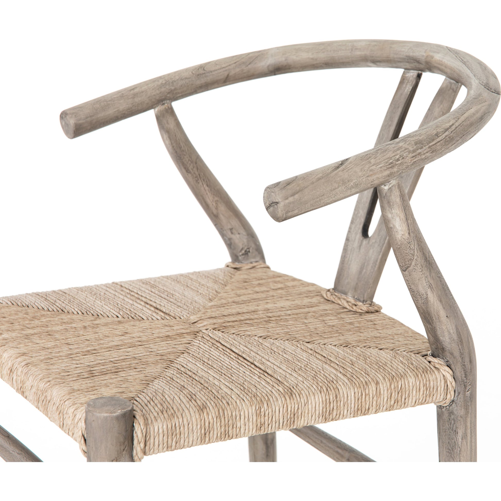 Muestra Bar Stool by Four Hands in vintage white, natural teak. Made from solid teak, 100% polyethylene in a coastal style.