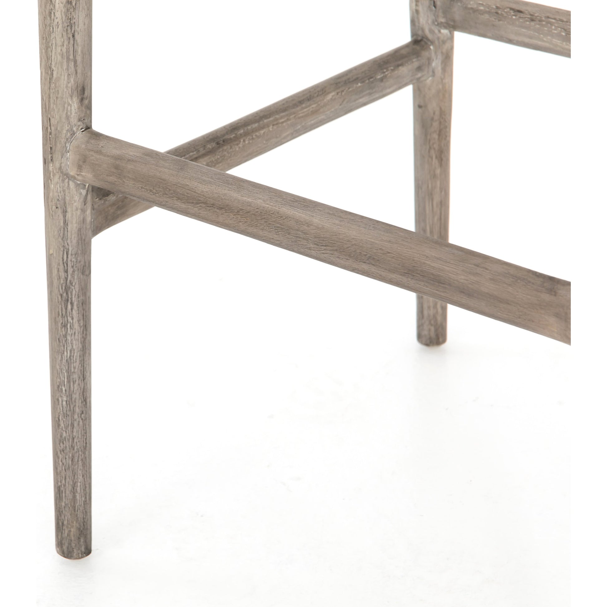 Muestra Bar Stool by Four Hands in vintage white, natural teak. Made from solid teak, 100% polyethylene in a coastal style.