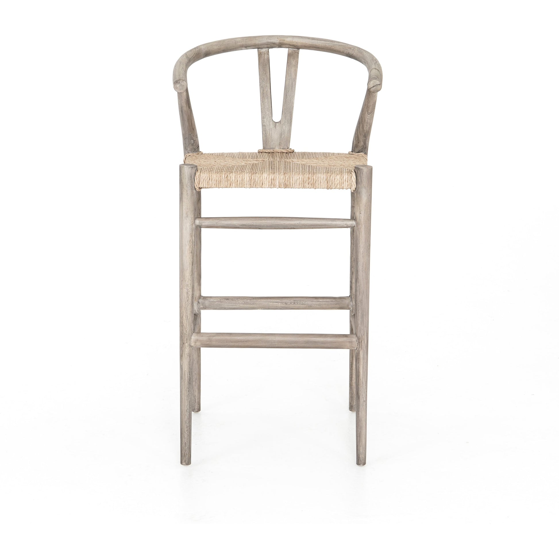 Muestra Bar Stool by Four Hands in vintage white, natural teak. Made from solid teak, 100% polyethylene in a coastal style.