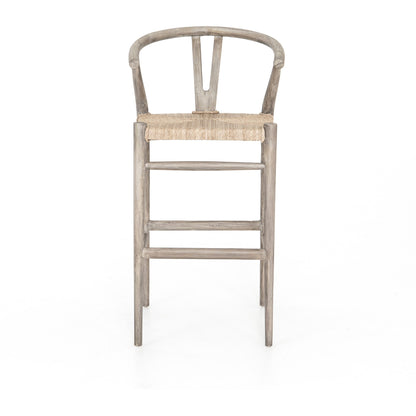 Muestra Bar Stool by Four Hands in vintage white, natural teak. Made from solid teak, 100% polyethylene in a coastal style.