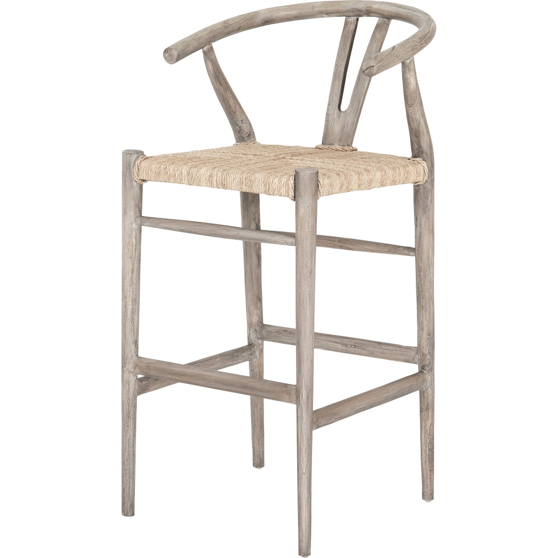 Muestra Bar Stool by Four Hands in vintage white, natural teak. Made from solid teak, 100% polyethylene in a coastal style.