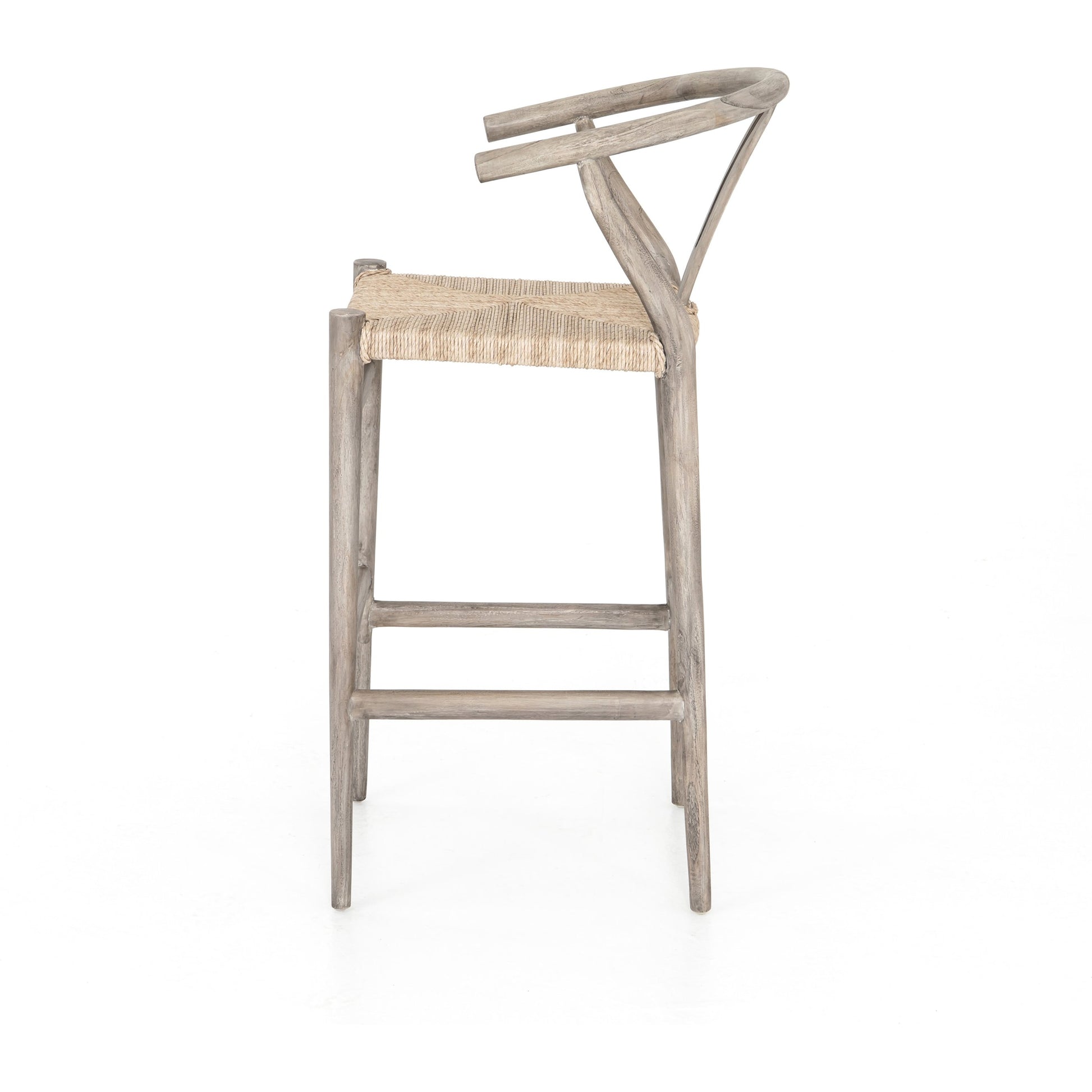 Muestra Bar Stool by Four Hands in vintage white, natural teak. Made from solid teak, 100% polyethylene in a coastal style.