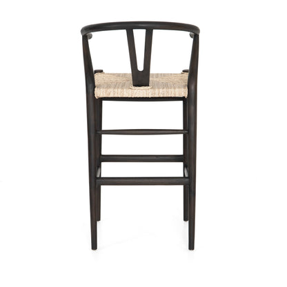 Muestra Bar Stool by Four Hands in vintage white, natural teak. Made from solid teak, 100% polyethylene in a coastal style.