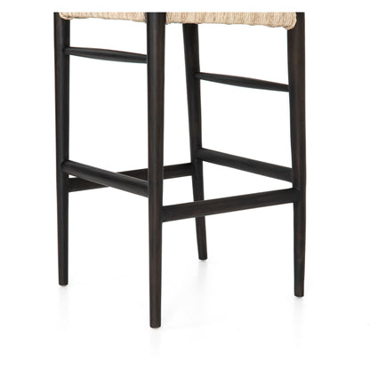 Muestra Bar Stool by Four Hands in vintage white, natural teak. Made from solid teak, 100% polyethylene in a coastal style.