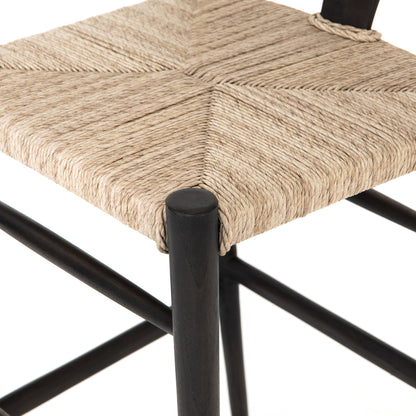 Muestra Bar Stool by Four Hands in vintage white, natural teak. Made from solid teak, 100% polyethylene in a coastal style.