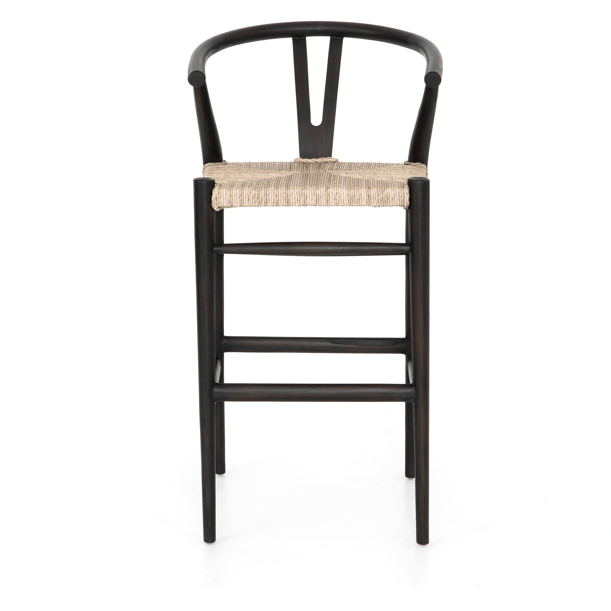 Muestra Bar Stool by Four Hands in vintage white, natural teak. Made from solid teak, 100% polyethylene in a coastal style.